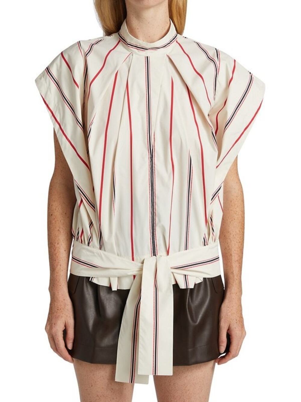 3.1 PHILLIP LIM Ivory Red Striped Stand Collar Cap Sleeve Tie Hem Designer Top